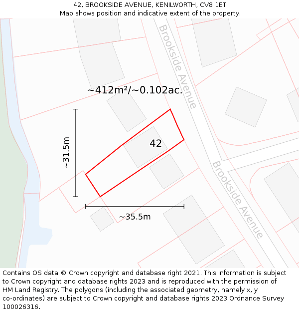 42, BROOKSIDE AVENUE, KENILWORTH, CV8 1ET: Plot and title map