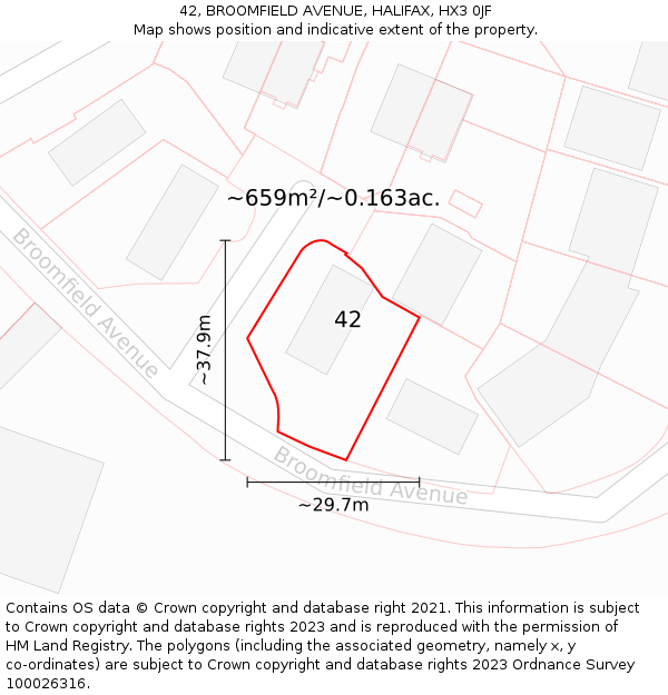 42, BROOMFIELD AVENUE, HALIFAX, HX3 0JF: Plot and title map