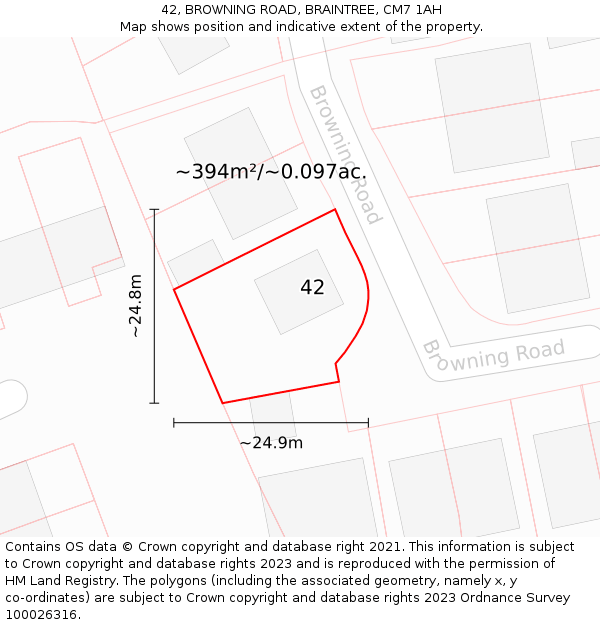 42, BROWNING ROAD, BRAINTREE, CM7 1AH: Plot and title map