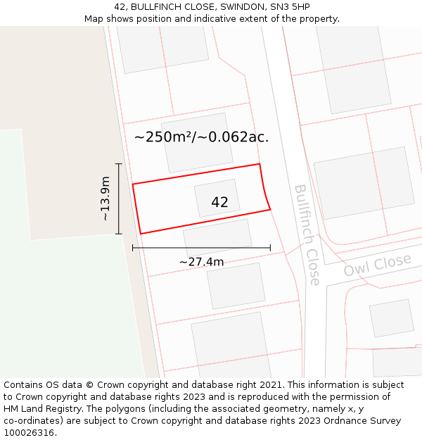 42, BULLFINCH CLOSE, SWINDON, SN3 5HP: Plot and title map