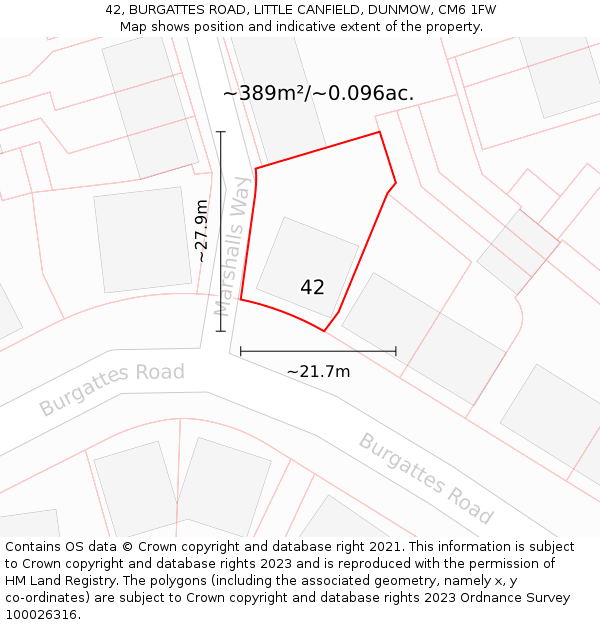 42, BURGATTES ROAD, LITTLE CANFIELD, DUNMOW, CM6 1FW: Plot and title map