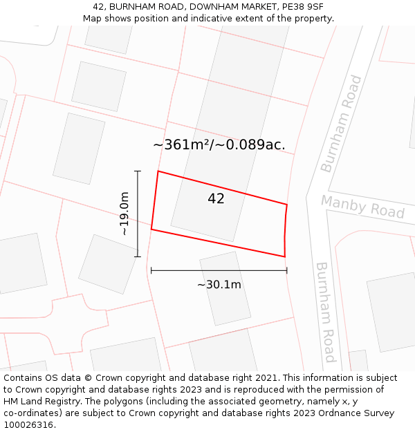 42, BURNHAM ROAD, DOWNHAM MARKET, PE38 9SF: Plot and title map