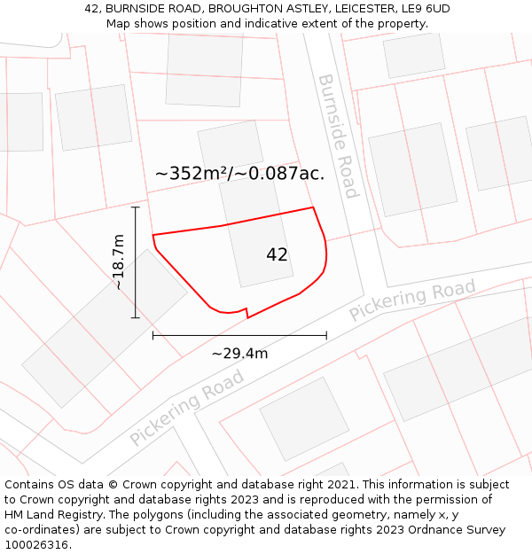 42, BURNSIDE ROAD, BROUGHTON ASTLEY, LEICESTER, LE9 6UD: Plot and title map