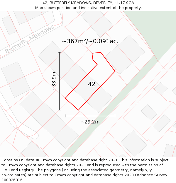 42, BUTTERFLY MEADOWS, BEVERLEY, HU17 9GA: Plot and title map