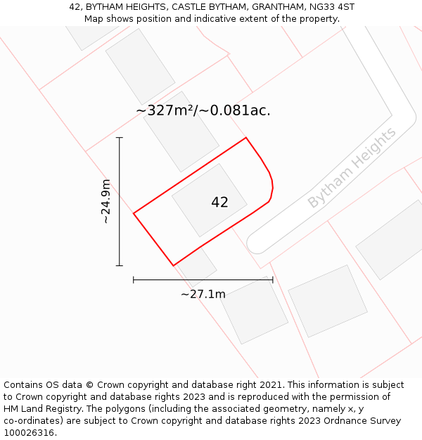 42, BYTHAM HEIGHTS, CASTLE BYTHAM, GRANTHAM, NG33 4ST: Plot and title map
