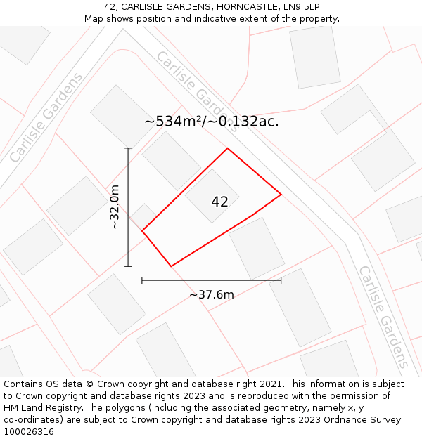 42, CARLISLE GARDENS, HORNCASTLE, LN9 5LP: Plot and title map