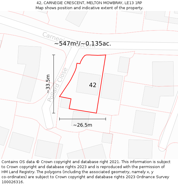 42, CARNEGIE CRESCENT, MELTON MOWBRAY, LE13 1RP: Plot and title map