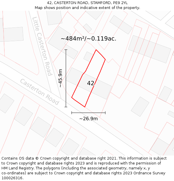 42, CASTERTON ROAD, STAMFORD, PE9 2YL: Plot and title map