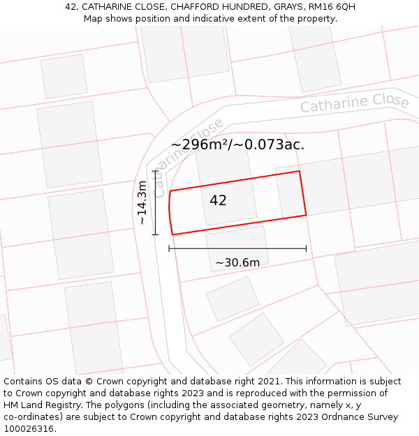 42, CATHARINE CLOSE, CHAFFORD HUNDRED, GRAYS, RM16 6QH: Plot and title map