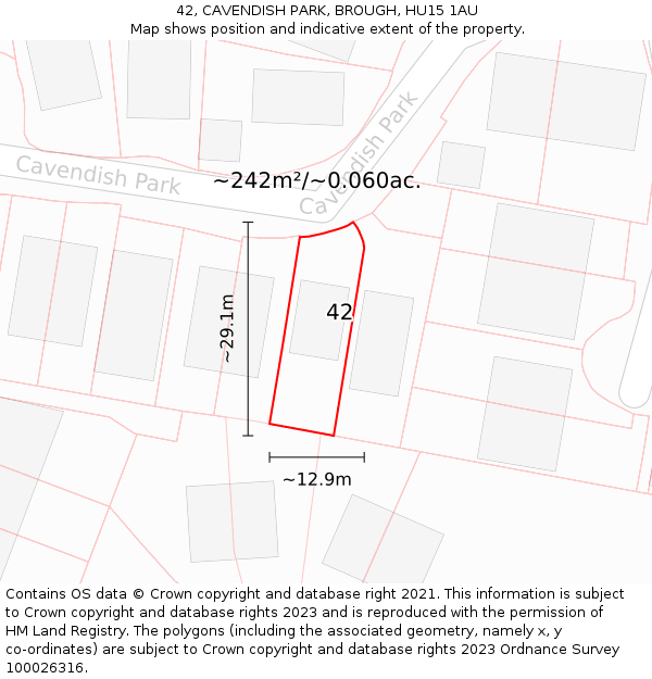 42, CAVENDISH PARK, BROUGH, HU15 1AU: Plot and title map