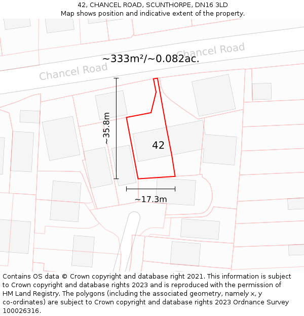 42, CHANCEL ROAD, SCUNTHORPE, DN16 3LD: Plot and title map