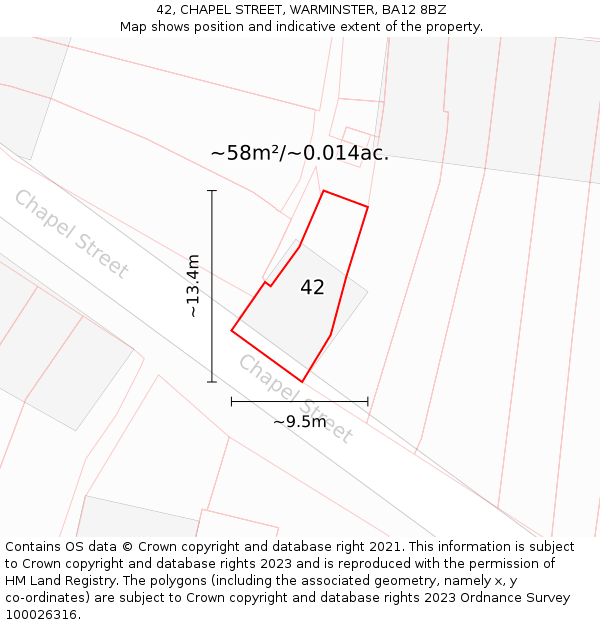 42, CHAPEL STREET, WARMINSTER, BA12 8BZ: Plot and title map