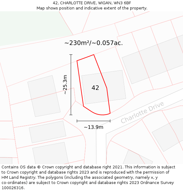 42, CHARLOTTE DRIVE, WIGAN, WN3 6BF: Plot and title map