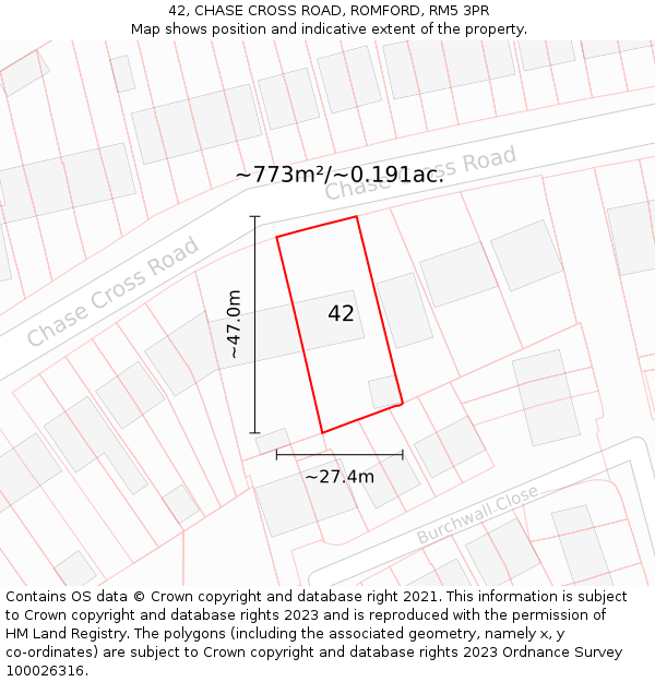 42, CHASE CROSS ROAD, ROMFORD, RM5 3PR: Plot and title map