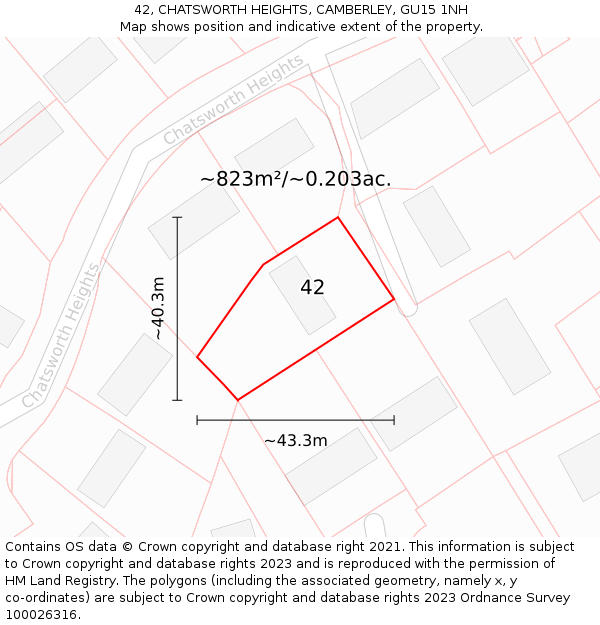 42, CHATSWORTH HEIGHTS, CAMBERLEY, GU15 1NH: Plot and title map