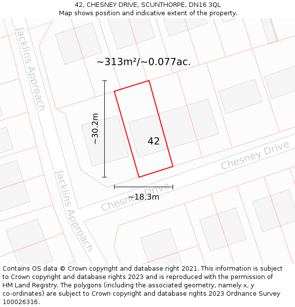 42, CHESNEY DRIVE, SCUNTHORPE, DN16 3QL: Plot and title map