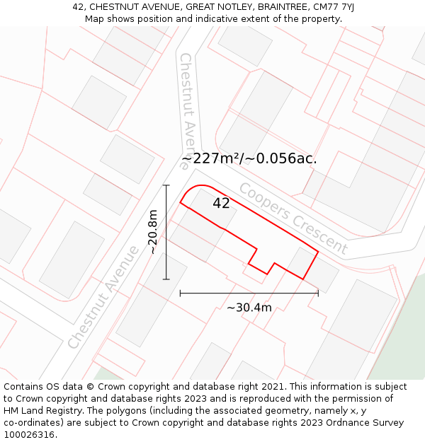 42, CHESTNUT AVENUE, GREAT NOTLEY, BRAINTREE, CM77 7YJ: Plot and title map