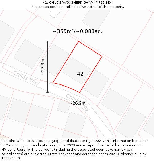 42, CHILDS WAY, SHERINGHAM, NR26 8TX: Plot and title map