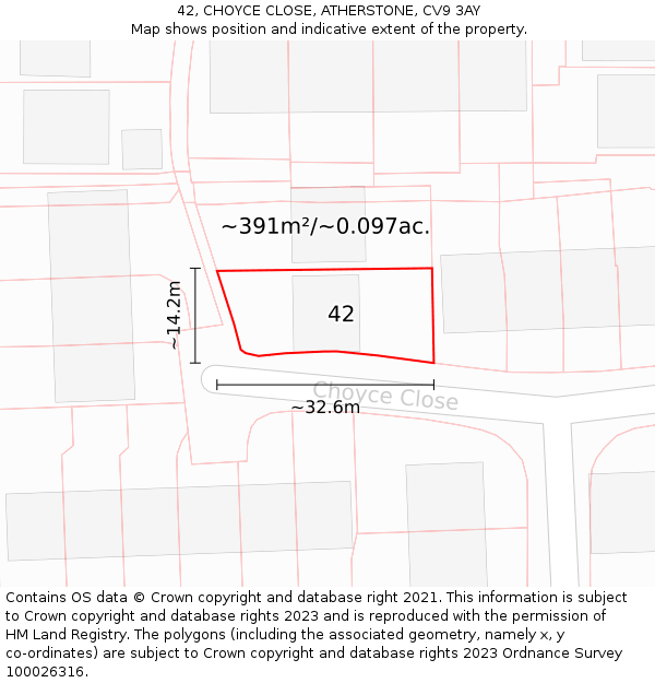 42, CHOYCE CLOSE, ATHERSTONE, CV9 3AY: Plot and title map