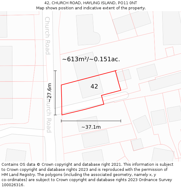 42, CHURCH ROAD, HAYLING ISLAND, PO11 0NT: Plot and title map