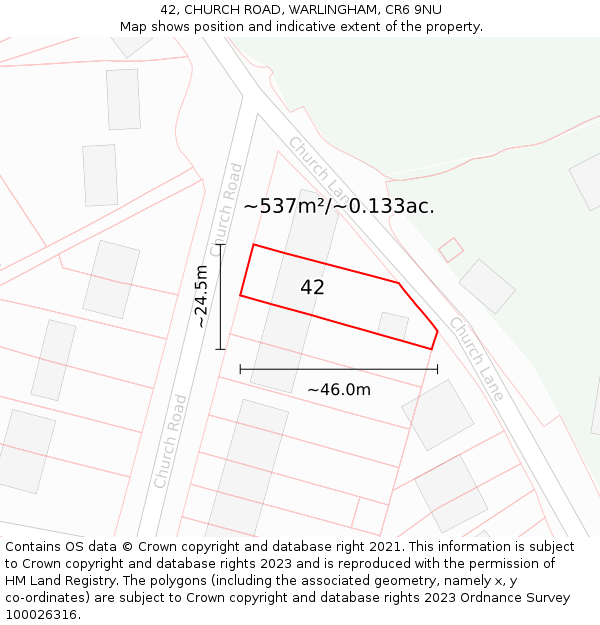 42, CHURCH ROAD, WARLINGHAM, CR6 9NU: Plot and title map