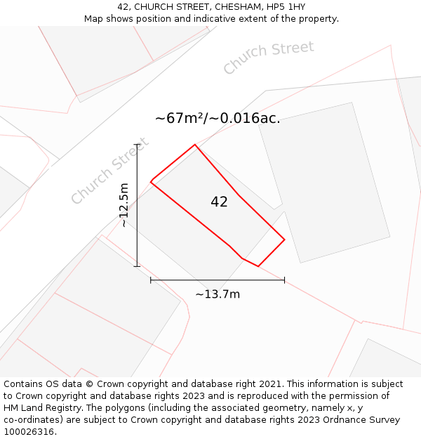 42, CHURCH STREET, CHESHAM, HP5 1HY: Plot and title map