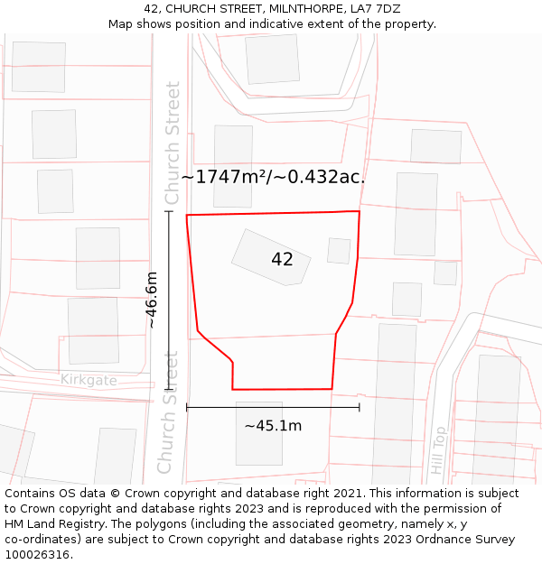 42, CHURCH STREET, MILNTHORPE, LA7 7DZ: Plot and title map