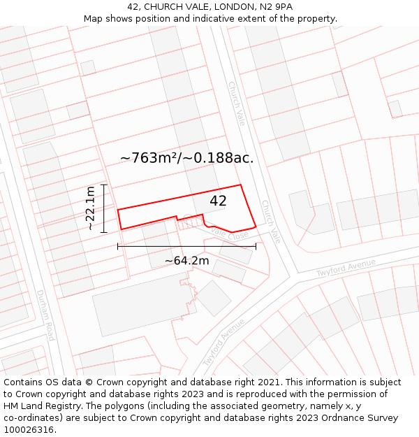 42, CHURCH VALE, LONDON, N2 9PA: Plot and title map