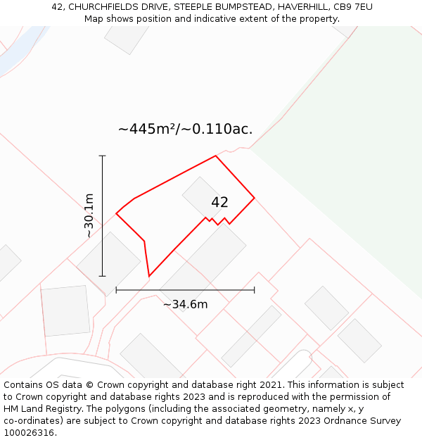 42, CHURCHFIELDS DRIVE, STEEPLE BUMPSTEAD, HAVERHILL, CB9 7EU: Plot and title map