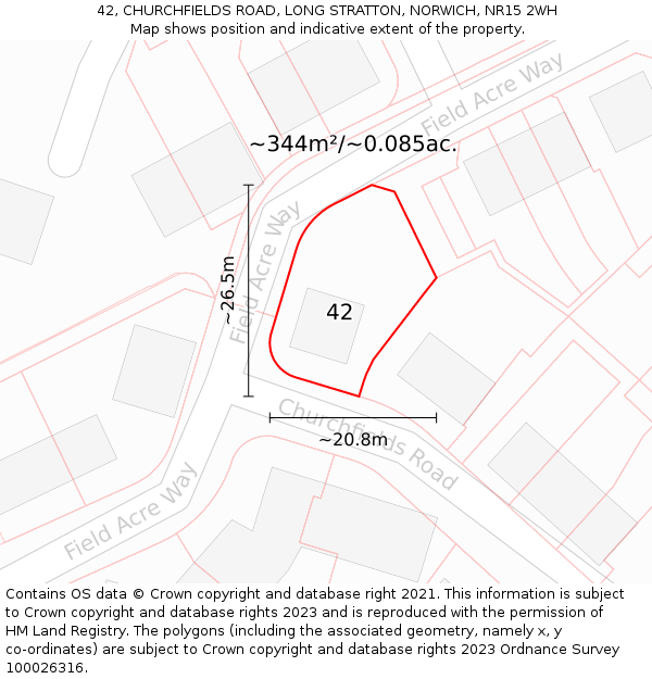 42, CHURCHFIELDS ROAD, LONG STRATTON, NORWICH, NR15 2WH: Plot and title map