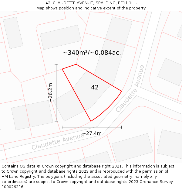 42, CLAUDETTE AVENUE, SPALDING, PE11 1HU: Plot and title map