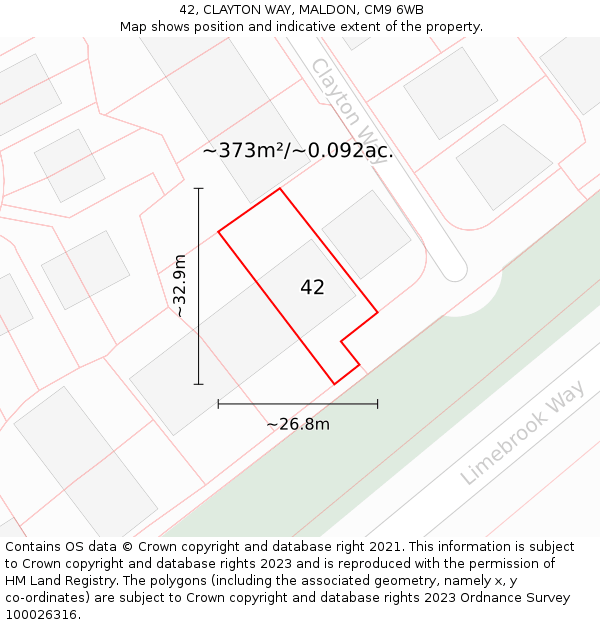 42, CLAYTON WAY, MALDON, CM9 6WB: Plot and title map