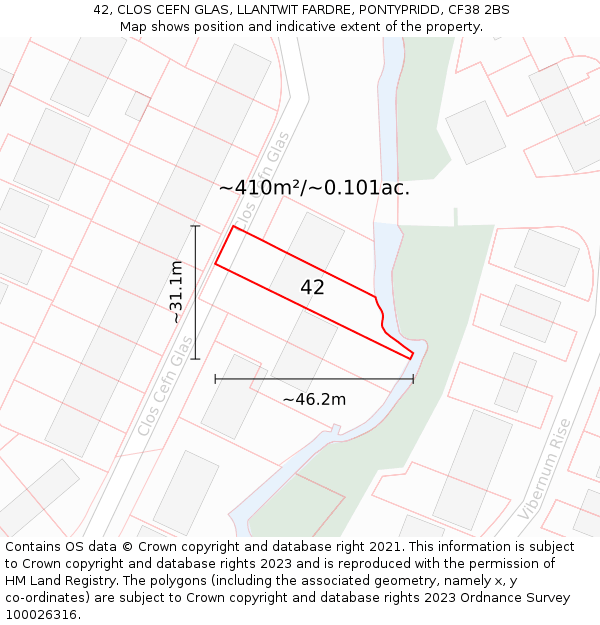 42, CLOS CEFN GLAS, LLANTWIT FARDRE, PONTYPRIDD, CF38 2BS: Plot and title map