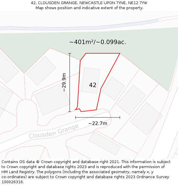 42, CLOUSDEN GRANGE, NEWCASTLE UPON TYNE, NE12 7YW: Plot and title map