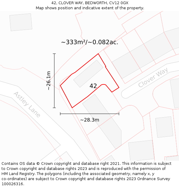 42, CLOVER WAY, BEDWORTH, CV12 0GX: Plot and title map