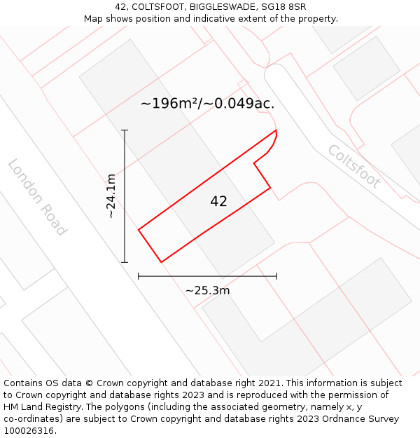 42, COLTSFOOT, BIGGLESWADE, SG18 8SR: Plot and title map