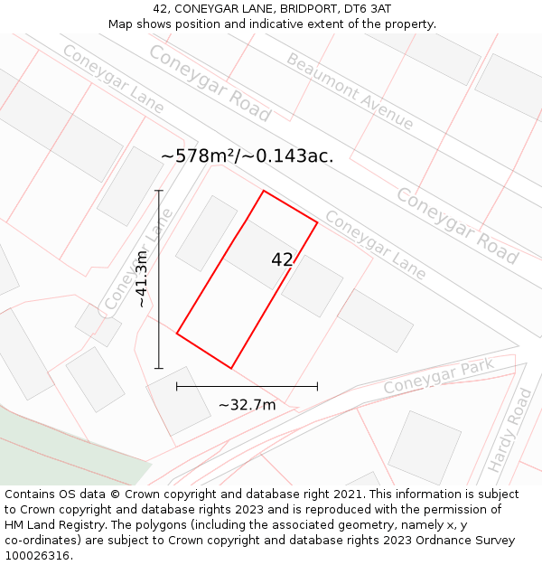 42, CONEYGAR LANE, BRIDPORT, DT6 3AT: Plot and title map