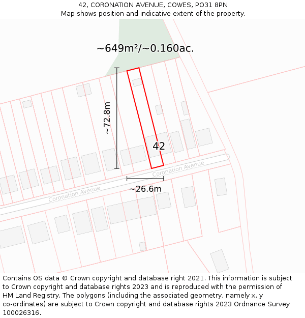 42, CORONATION AVENUE, COWES, PO31 8PN: Plot and title map