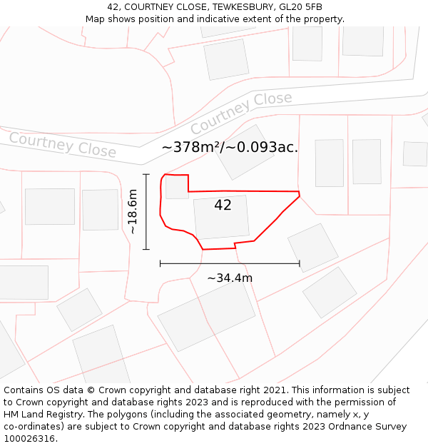 42, COURTNEY CLOSE, TEWKESBURY, GL20 5FB: Plot and title map