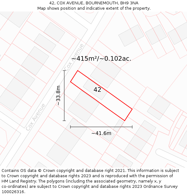 42, COX AVENUE, BOURNEMOUTH, BH9 3NA: Plot and title map