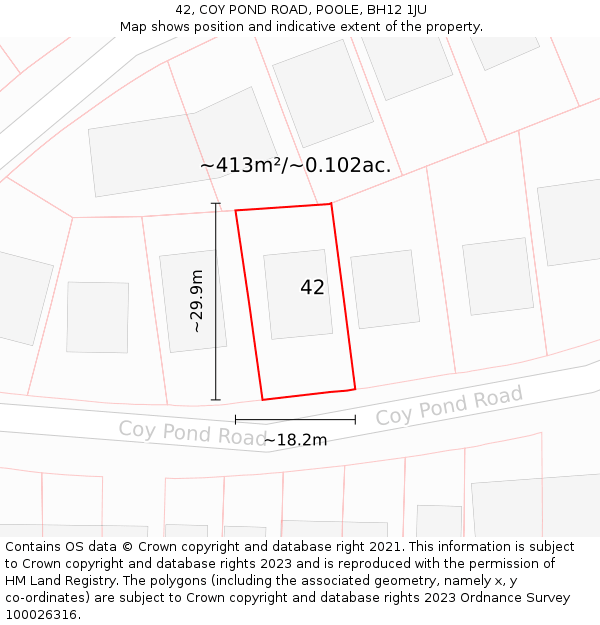 42, COY POND ROAD, POOLE, BH12 1JU: Plot and title map