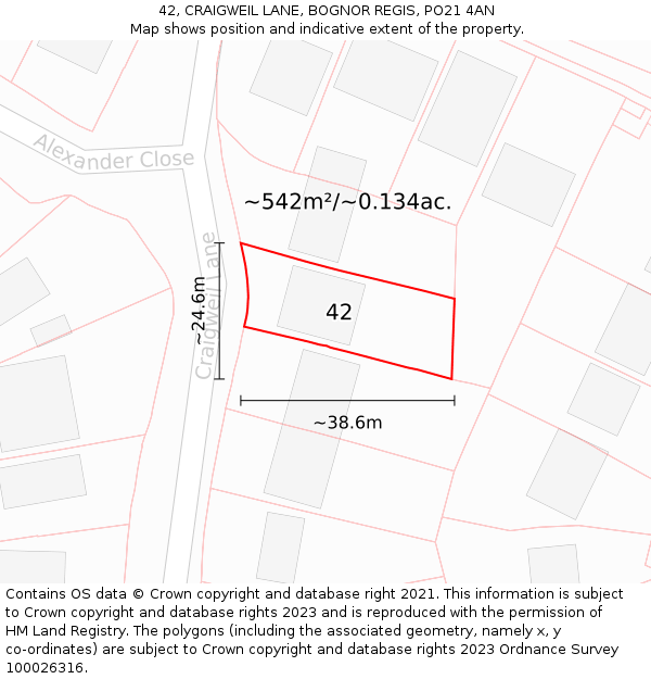 42, CRAIGWEIL LANE, BOGNOR REGIS, PO21 4AN: Plot and title map