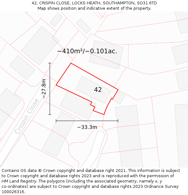 42, CRISPIN CLOSE, LOCKS HEATH, SOUTHAMPTON, SO31 6TD: Plot and title map