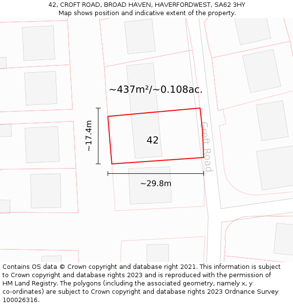 42, CROFT ROAD, BROAD HAVEN, HAVERFORDWEST, SA62 3HY: Plot and title map