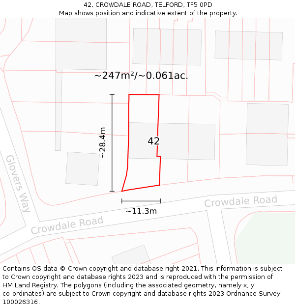 42, CROWDALE ROAD, TELFORD, TF5 0PD: Plot and title map