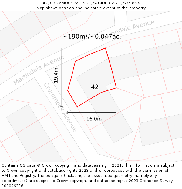 42, CRUMMOCK AVENUE, SUNDERLAND, SR6 8NX: Plot and title map