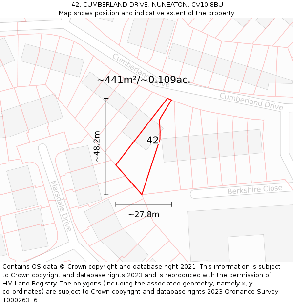 42, CUMBERLAND DRIVE, NUNEATON, CV10 8BU: Plot and title map