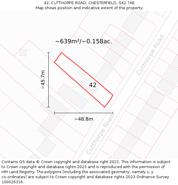 42, CUTTHORPE ROAD, CHESTERFIELD, S42 7AE: Plot and title map