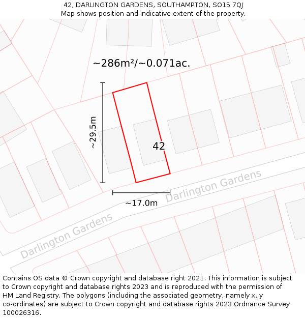 42, DARLINGTON GARDENS, SOUTHAMPTON, SO15 7QJ: Plot and title map