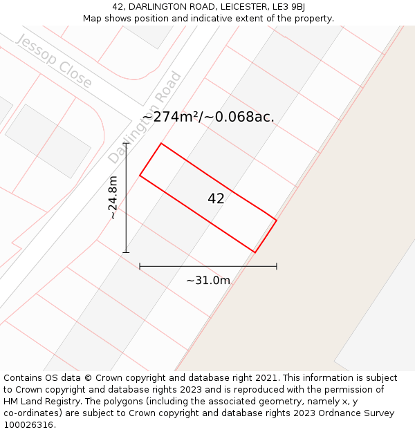 42, DARLINGTON ROAD, LEICESTER, LE3 9BJ: Plot and title map